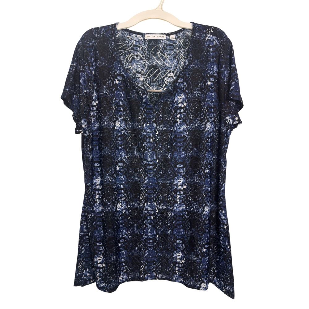 Notations Navy Black V-Neck Snake Skin Print Textured Short Sleeve L Stretch